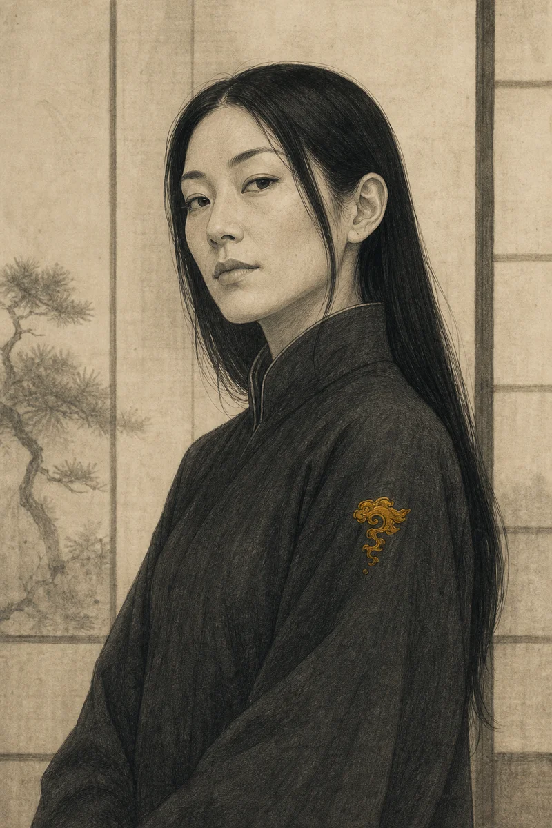 Illustrated portrait of Aiko, the Ink-and-Lacquer - a contained wizard in a charcoal robe with a single honey-amber rune on her sleeve