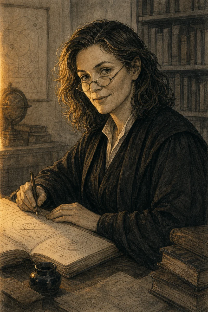 Illustrated portrait of Sarah, the Scholar - a wizard at a writing desk with stacked books and an open manuscript